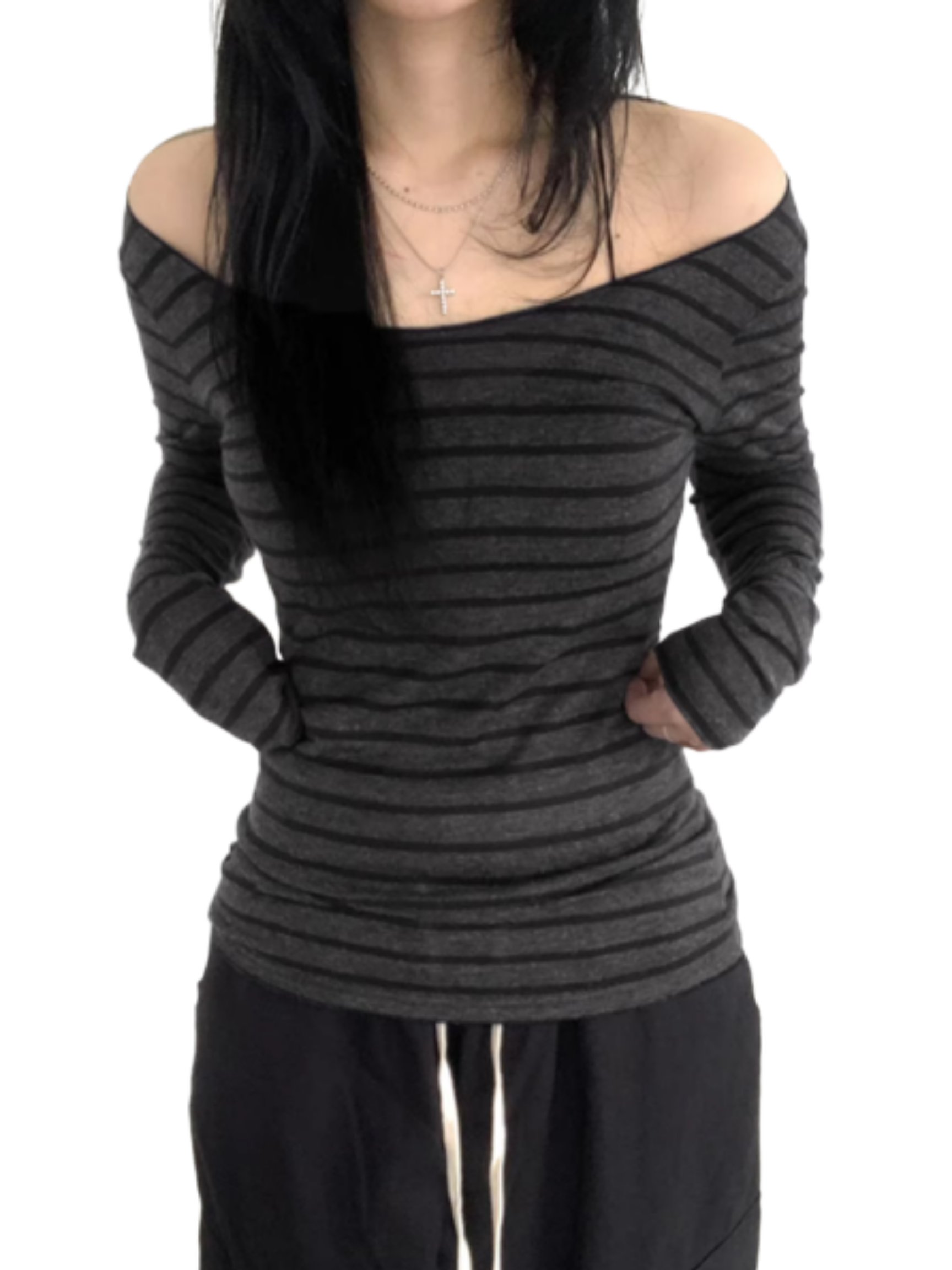 Stripe Off Shoulder Long Sleeve
