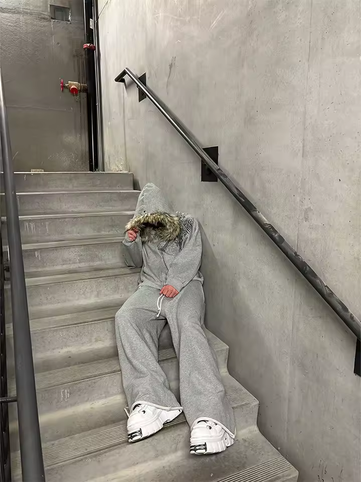 Grey Skull Faux Fur Hoodie