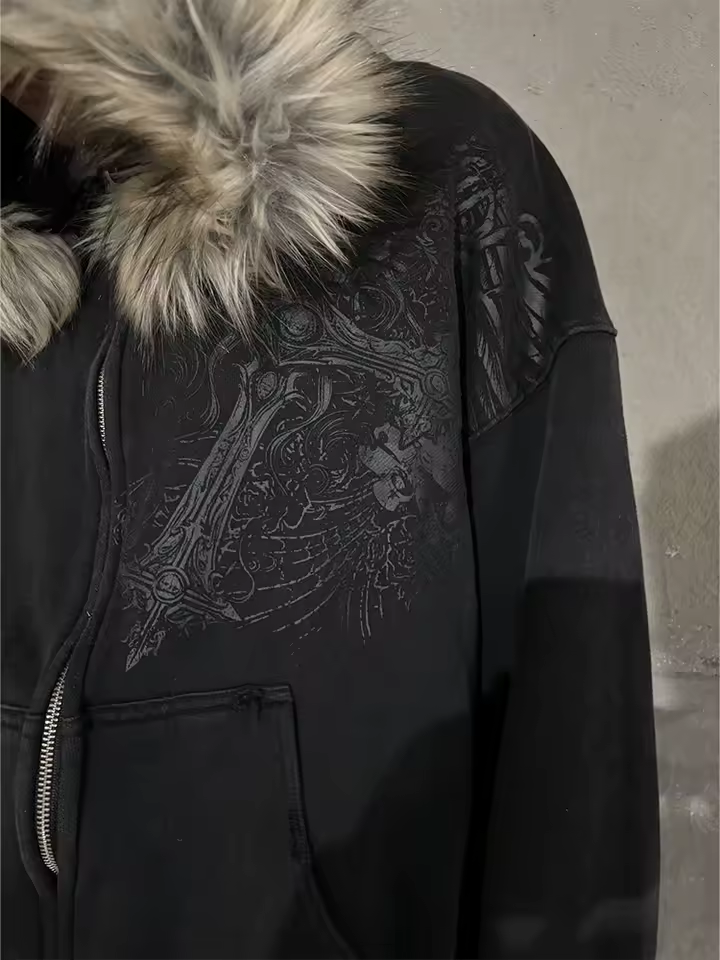 Black Skull Faux Fur Hoodie