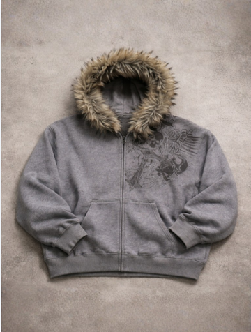Grey Skull Faux Fur Hoodie