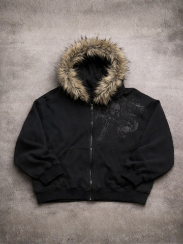 Black Skull Faux Fur Hoodie