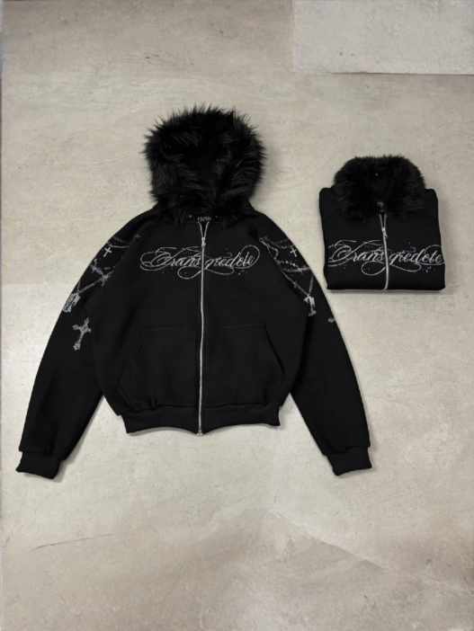 Black Cross Faux Fur Hoodie
