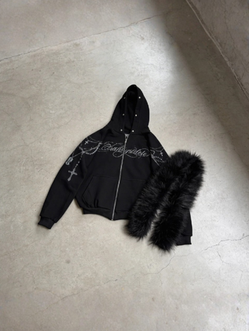 Black Cross Faux Fur Hoodie