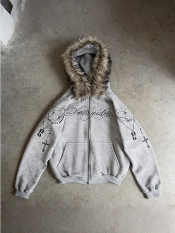 Grey Cross Faux Fur Hoodie