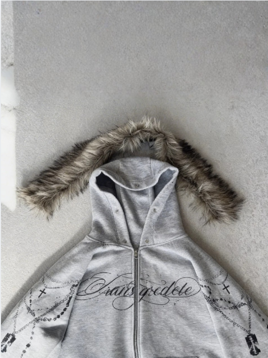 Grey Cross Faux Fur Hoodie